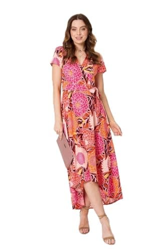 Image of Izabel London Floral Short Sleeve Tie Waist Midi Dress for Women UK with a v-Neck and a Curved midi-Length Hem.
