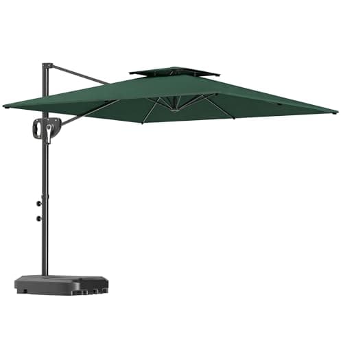 Image of Outsunny 2.5m Garden Cantilever Parasol with Fillable Base, Up to 40kg, Double Top Garden Parasol, Square Overhanging Patio Umbrella with Crank Handle and Tilt for Outdoor Sun Shade, Dark Green
