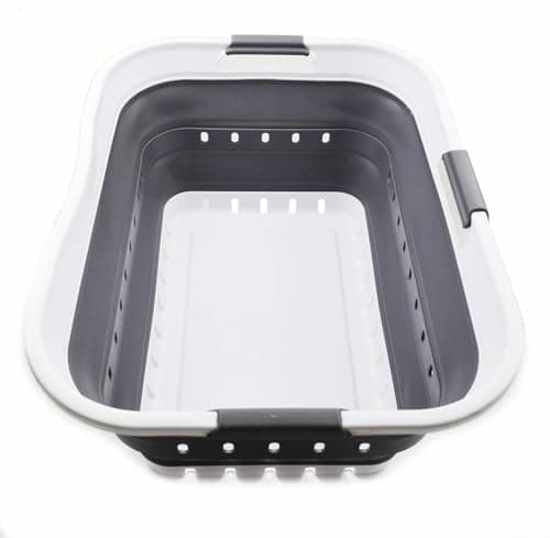 Image of SAMMART 42L Collapsible Plastic Laundry Basket - Foldable Pop Up Storage Container/Organizer - Space Saving Hamper/Basket (1, White/Dark Grey)