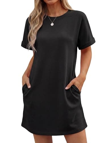 Image of GRECERELLE Womens Summer Mini Dress Cap Sleeve Crew Neck T Shirt Short Casual Beach A Line Dresses with Pockets (Black, M)