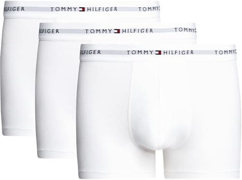Image of Tommy Hilfiger Men’s 3 Pack Trunks with Logo Waistband, White (White/White/White), L