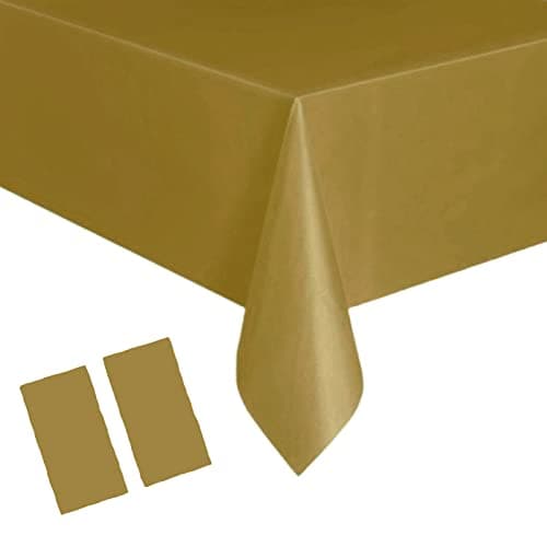 Image of 2Pcs 137*274cm Gold Disposable TableCloth Christmas Party Rectangular Dining Disposable Tablecovers Plastic Gold Table Cloth Party for Picnic,Baby Shower,Wedding,Christmas,Birthday Parties Decorations