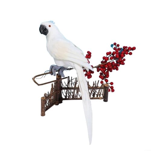 Image of MoSundi Artificial Feathered Parrot Model 45cm, Realistic Fake Bird Statue Garden Decor, Christmas Tree Ornament & Photography Prop, Green Yellow Pink White(White)