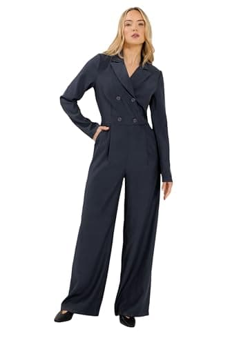 Image of Long Tall Sally - Lts Tall Blue Open Collar Wide Leg Jumpsuit - Women's