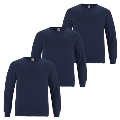 Image of 3 Pairs Mens Long Sleeve T-Shirt Top Cuffed Crew Neck Plain Jersey Tee Top Adults Casual Wear (Navy, L)