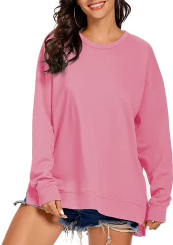 Image of APEIYU Women Crew Neck High Low Long Sleeve Sweatshirts Loose Fit Solid Color Side Split Knit Pullovers Tops Light Pink L