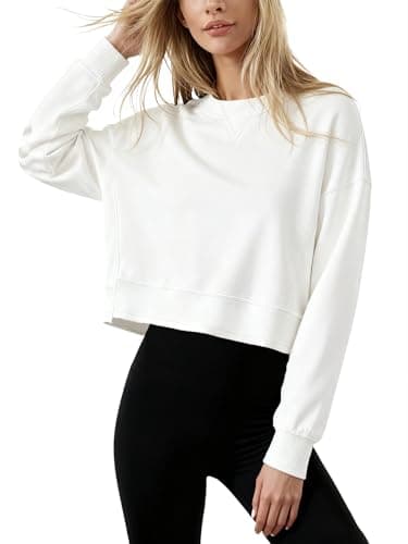 Image of Dressmine Ladies Yoga Tops Oversized Workout Jumpers White Long Sleeve Cropped Sweatshirts Loose Fit Winter Outfits Size 20