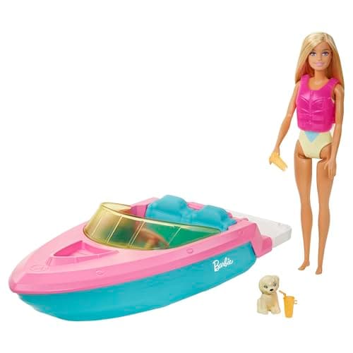 Image of Barbie Doll and Boat Playset with Pet Puppy, Life Vest and Accessories, Fits 3 Dolls & Floats in Water, Gift for 3 to 7 Year Olds, GRG30
