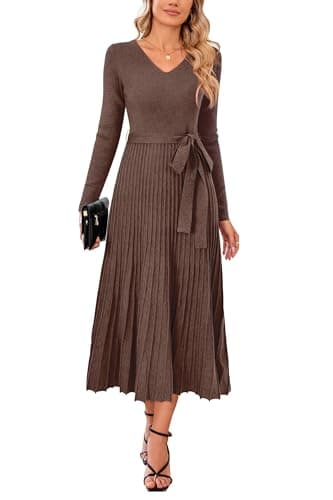 Image of Arach&Cloz Jumper Dress for Women UK Long Sleeve Midi Knitted Pleated Dresses Fall Winter V Neck Stripe Sweater Dress Coffee