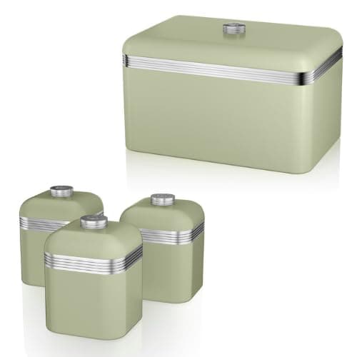 Image of Swan Retro Green Bread Bin and Tea, Coffee, Sugar Canisters. Matching Retro Design Kitchen Storage Set in Green