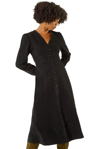 Image of Roman Originals Corduroy Button Through Midi Dress for Women UK - Ladies Everyday Autumn Winter V-Neckline Comfy Soft Evening Vacation Work Party Night Out - Black - Size 16