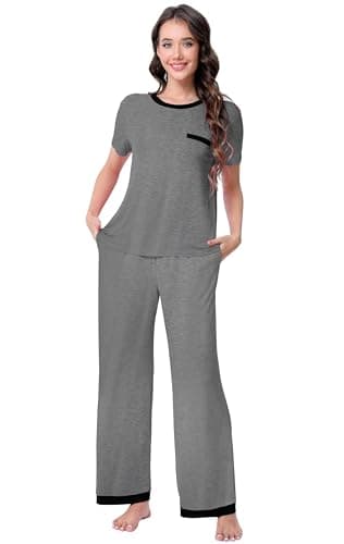 Image of Soft Connection® Women’s Soft Viscose Blend Pyjama Set – Short Sleeve Top & Long Trousers with Pockets, Lightweight Stretchy Loungewear (UK, Alpha, L, Regular, Regular, Light Grey)
