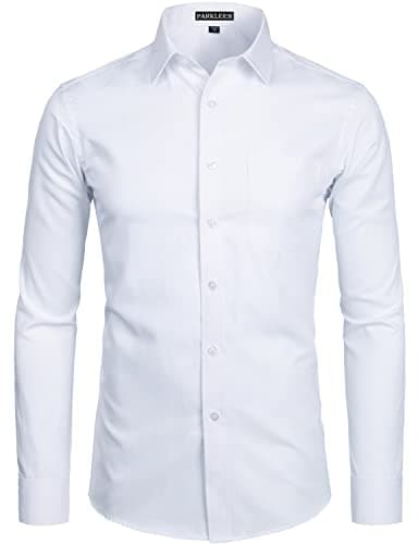 Image of PARKLEES Men's Long Sleeve Dress Shirt Solid Slim Fit Casual Business Formal Button Up Shirts with Pocket White M