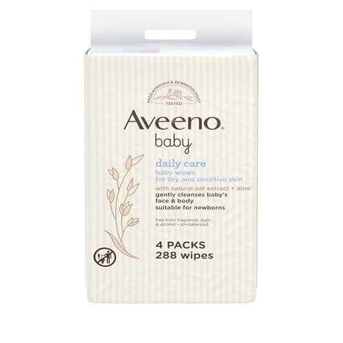 Image of Aveeno Baby Wipes Sensitive Skin, Cleanse Gently And Efficiently Baby Essentials, Pack Of 4 (288 Wipes In Total)