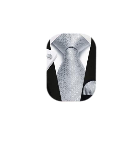 Image of Enlision Light Grey Ties For Men Wedding Silver Tie and Handkerchief Cufflinks Set Formal Mens Necktie Pocket Square Set for Business Party