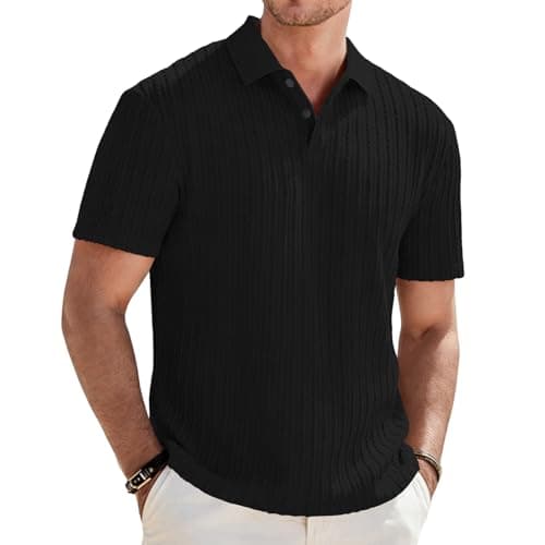 Image of Focixfor Men's Polo Shirts Short Sleeve Button Regular Fit Casual Golf Striped Shirt Black M