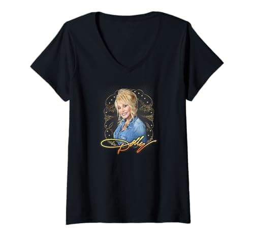 Image of Womens Dolly Parton Denim Smile V-Neck T-Shirt