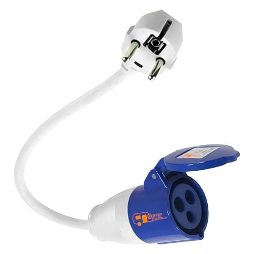 Image of Double Dragon EU 230V Caravan Mains Hook-Up Converter – 16A Schuko 2-Pin Plug to 16A CEE 3-Pin Socket Adapter | IP44 Splashproof | 42cm Hi-Vis Fly Lead | for Campervan, Motorhome, RV, Boat Hook-Ups