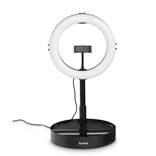 Image of Hama LED Ring Light with Foldable Phone Tripod (10.2'' ring light, 26.5 cm diameter, table tripod for camera, extendable up to 138 cm, dimmable LED desk ring light, foldable) black