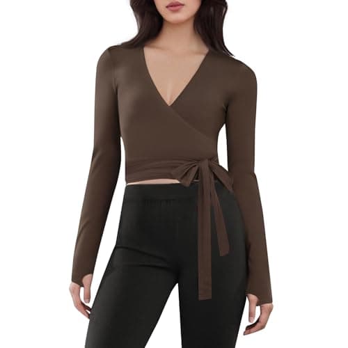 Image of Edhomenn Womens Wrap Top Long Sleeve Deep V Neck Slim Fitted Thumbhole Blouse Ladies Front Tie Cross Wrap T Shirt Yoga Ballet Pilates Workout Top (03 Coffee, M)