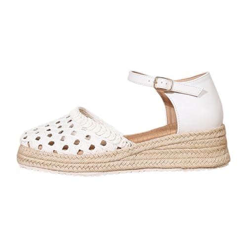 Image of Momolaa Espadrille Closed Toe Wedge Sandals for Women UK 6.5 Platform Buckle Ankle Strap Summer Shoes Close Back Espadrille Shoes Dressy White Sandles