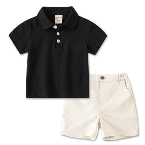 Image of Volunboy Toddler Boys Summer Clothes, Short Sleeve Polo Shirt Tops & Shorts Activewear Casual Sport Outfits 1-6 Years(Black,2-3 Years,Tag Size 100)