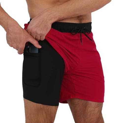 Image of Arcweg Men's Swim Trunks Mens Swimming Shorts with Compression Liner Quick Dry Stretchy 2 in 1 Board Shorts with Zipper Pockets Black+Red M(UK)