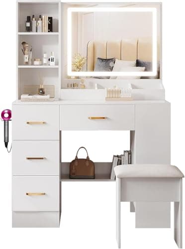 Image of Dressing Table with Mirror and Stool: Vanity Desk with Mirror and Drawers - Makeup Desk with 4 Drawers, Wooden White Bedroom Dressing-Table with LED Lights - Brightness Adjustable, Hairdryer Holder