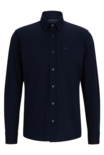 Image of BOSS Mens P-JOE-BD-C1-222 Regular-fit Shirt in Structured Cotton-Blend Jersey Blue