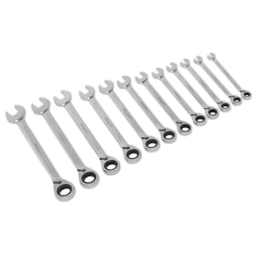Image of Sealey S0840 Metric Reversible Ratchet Combination Spanner Set, Silver, 12 Pieces