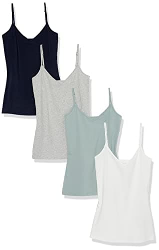 Image of Amazon Essentials Women's Knitted V-Neck Layering Cami (Available in Plus Size), Pack of 4, Grey Heather/Navy/Sage Green/White, S
