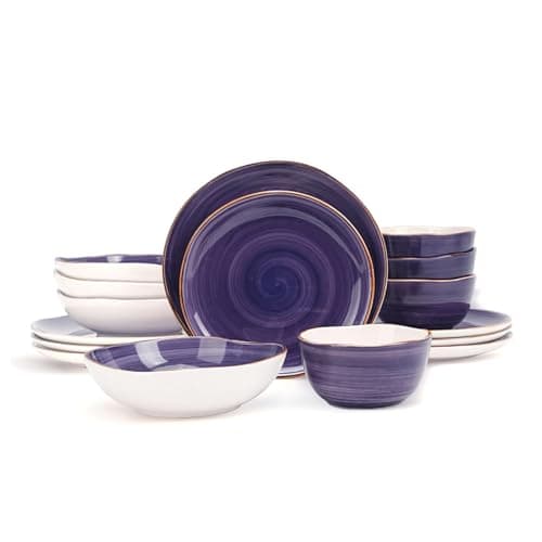 Image of Home VSS Highland 16-Piece Dinnerware Set Service for 4, Organic Shape Stoneware Plates and Bowls Set, Scratch Resistant, Microwave and Dishwasher Safe, Speckled Effect Handcrafted, Swirl Purple