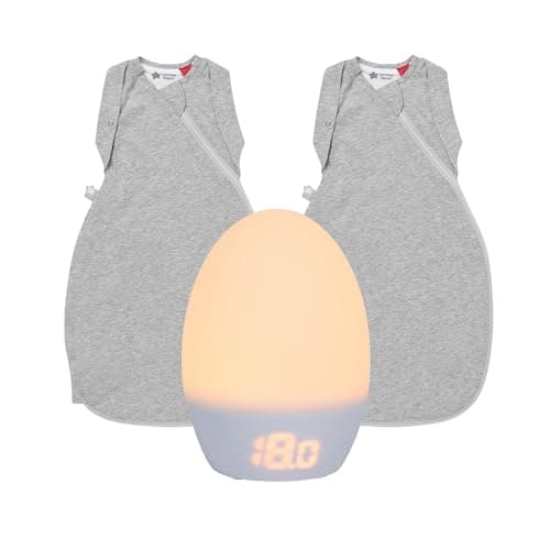Image of Tommee Tippee GroEgg2 Digital Colour Changing Room Thermometer and Night Light, USB Powered and The Original Grobag Swaddle Bag, Hip-Healthy Design, 0-3m, 2.5 and 1.0 TOG, Sky Grey Marl