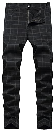 Image of FEOYA Men's Plaid Chinos Dress Chino Trousers Slim Fit Suit Pants Stretch Straight Leg Trousers Fitted Cotton Checked Pants Zip Fly Casual Check Tartan Trouser Spring Autumn 01 Black 34 Inch Waist