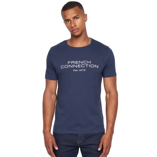 Image of French Connection Mens Premium Half Sleeve Crew Neck T-Shirt with Letter Print Logo Design(XL,Fischer Navy)
