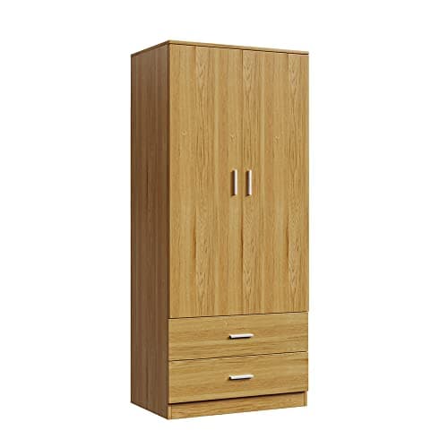 Image of Panana 2 Door 2 Drawer Wardrobe with Hanging Rail Wooden Clothes Organizer Storage Cupboards Unit for Bedroom Furniture W 76.8 * D 50 * H 180cm (Oak Effect)