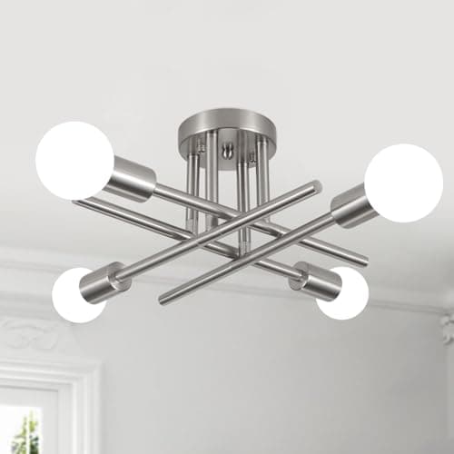 Image of MRHYSWD 4 Lights Sputnik Flush Ceiling Light Silver Vintage Ceiling Lamp Industrial Ceiling Lights Living Room Bedroom Kitchen Hallway Lounge, Modern Sputnik Chandelier with E27 Base, Without Bulbs