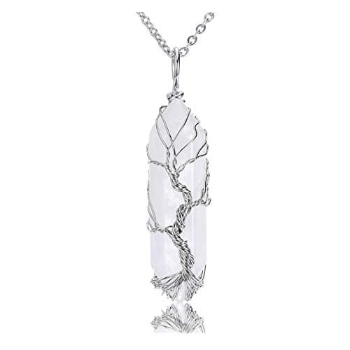 Image of JOVIVI Tree of Life Clear Quartz Crystal Pendant Necklace Silver Wire Wrapped Gemstone Healing Point Chakra Quartz Necklace for Women Men