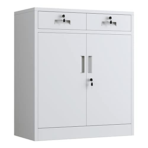 Image of JINGUR Metal Storage Cupboard with Locking Doors and 2 Drawers, Lockable Storage Cabinets with Adjustable Shelf for Home Office and Garage (White)