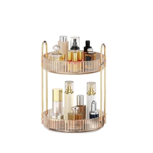 Image of MOKANI 360 Rotating Makeup Organiser, 2 Tiers Spinning Skincare Organiser, Multi-Function Make Up Storage, Large Capacity Cosmetic Perfume Stand for Vanity, Bathroom and Bedroom, Amber