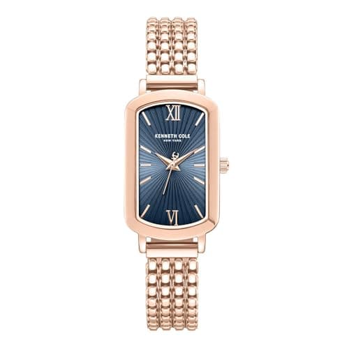 Image of Kenneth Cole New York Women's Rectangular Rose Gold Watch – Blue Dial with Roman Numerals, Stainless Steel Case, Three-Hand Analog Movement, Elegant Bracelet for Everyday and Formal Wear