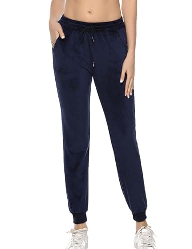 Image of Aottori Women Velour Jogger Trousers Winter Warm Sweatpants Ladies Velvet Jogging Pants Casual Drawstring Tracksuit Bottoms with Pocket Navy L