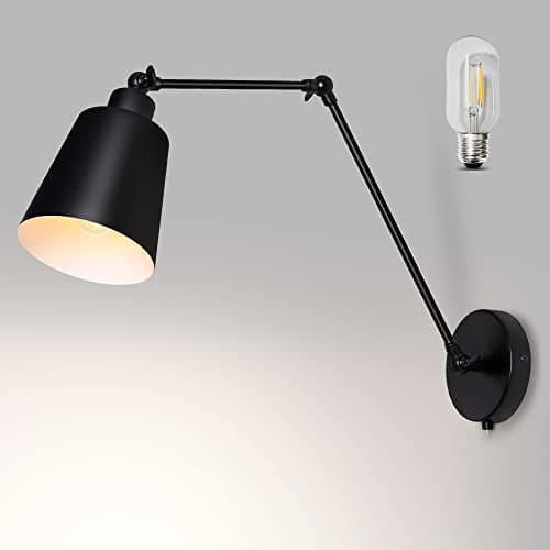 Image of TYhogar Wall Lights Fixtures Vintage Industrial Black Bedside Lamp Night Light E27 Edison Bulbs Wall Sconce Swing Arm Adjustable Wall Lamp for Bedroom Living Room Office Desk Lamp(Include Bulbs)