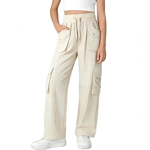 Image of Rolanko Girls Cargo Trousers Water Resistant Hiking Joggers, Elastic High Waist Lightweight Quick Dry Sweatpants for Teens, Beige, 170, 14-15 Years
