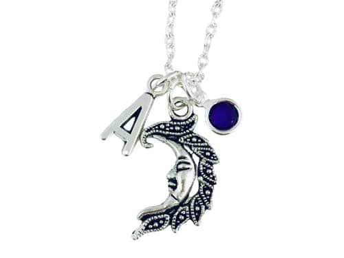 Image of Personalised Moon Necklace - initial charm and birthstone crystal jewellery - silver plated or sterling silver, celestial goth gothic emo wiccan witch witchcraft witchy pagan halloween costume 90s