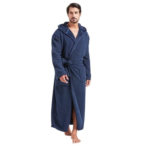 Image of FashGudim 400g Mens Dressing Gowns with Hood Full Length Long Fluffy Dressing Gown For Men Big and Tall Winter Luxury Hooded Bathrobe (Navy,7XL)