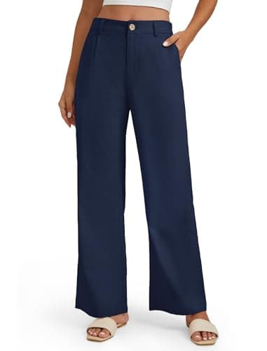 Image of Enmain Linen Trousers Wide Leg Navy Blue Office Trousers for Women High Waist Casual Cotton Ladies Business Pants with Pockets M