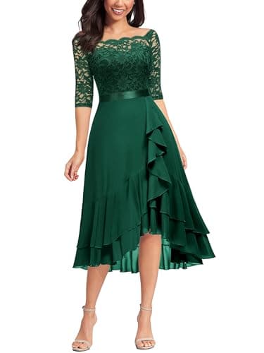 Image of MIUSOL Women's Elegant Lace Chiffon 2/3 Sleeve Off-Shoulder Cocktail Ball Bridesmaid Patry Swing Midi Dress (XX-Large, Double Hem-Dark Green)