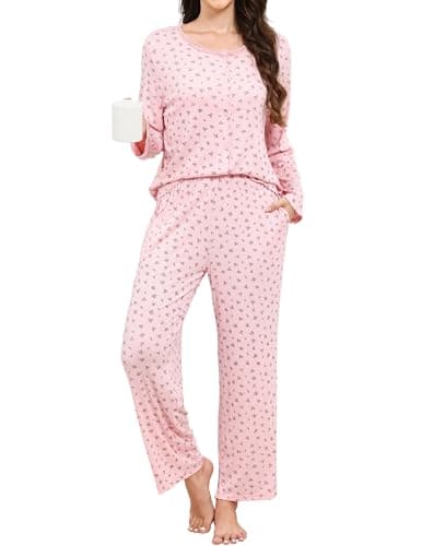 Image of TeJoyce Women's Pyjama Sets Cotton Long Sleeve Ladies Pjs Floral Print Button Front Top 2 piece Cut Soft Loungewear with Pockets Pink