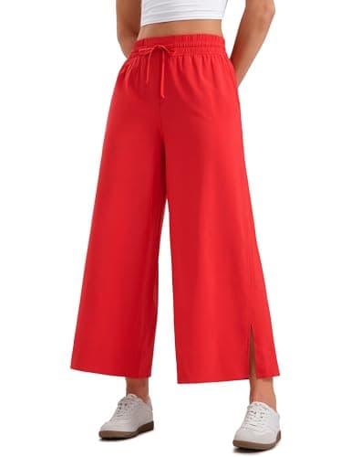 Image of CRZ YOGA Women's High Waisted Wide Leg Cropped Trousers Casual Loose Fit Lightweight Drawstring Split Side Pants with Pockets Deep Red 10